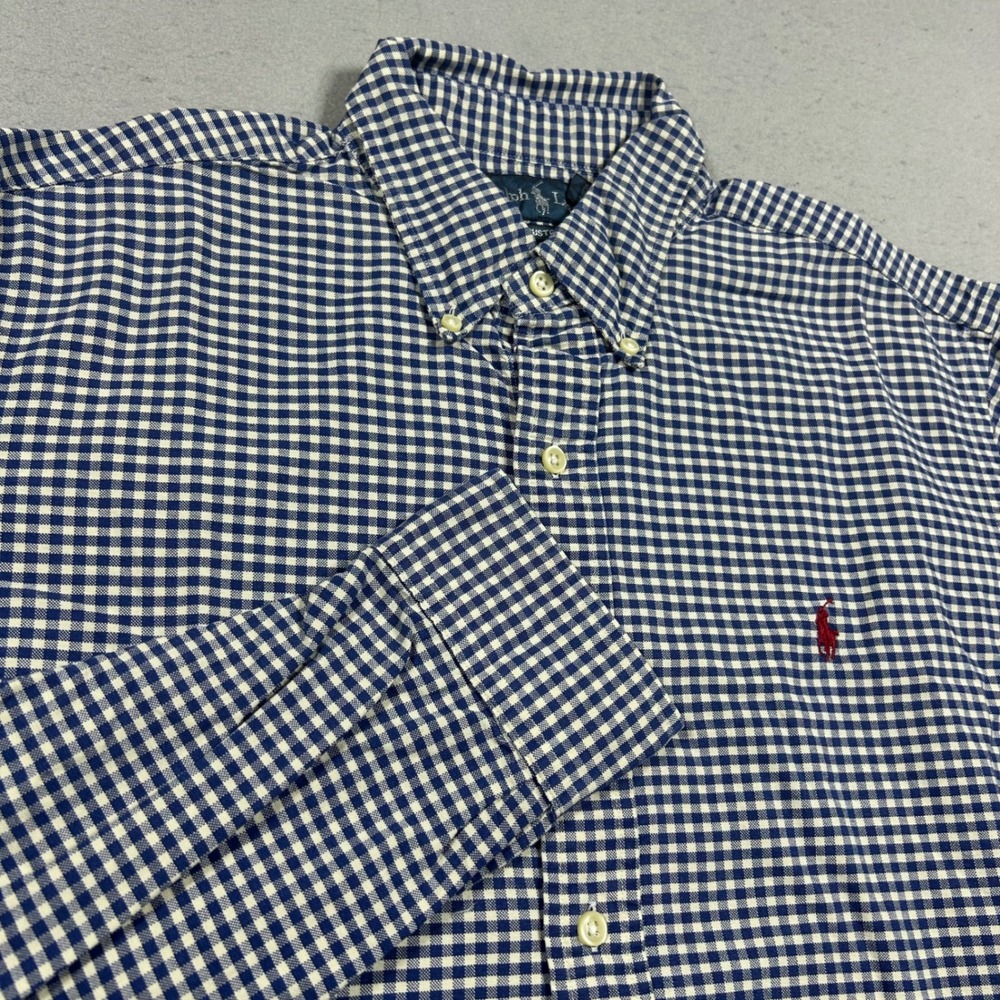 Polo Ralph Lauren Mens XL Custom Fit Blue Gingham Cotton Button Down Shirt